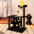 Happy&Polly Gothic Cat Tree- Black Cat Tower with Spacious Private Basket Bed, Natural Sisal Scratch Post& Climbing Ladder with Hanging Bat Toy,Multi-Level Cat Activities Furniture for Perching