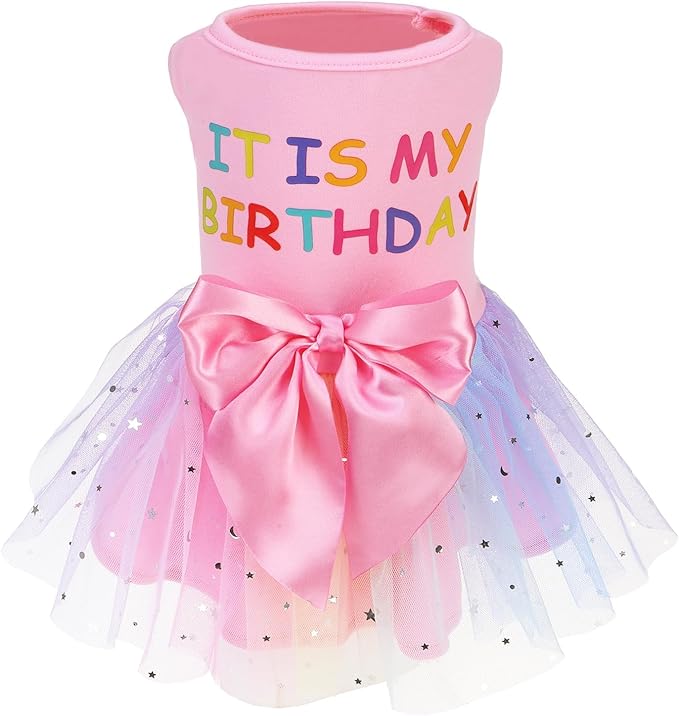 PUPTECK Print Dog Dress Pet Apparel for Birthday with Cute Bowtie Puppy Clothes Outfit, L