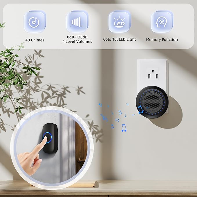 Wireless Door Bells for Homes Doorbell Chime Kits with 1 Transmitter 1 Receiver - Waterproof Operating at 1000ft Range - 48 Ringtones 4 Volume Levels LED Flash - Door Bell for Classroom Black