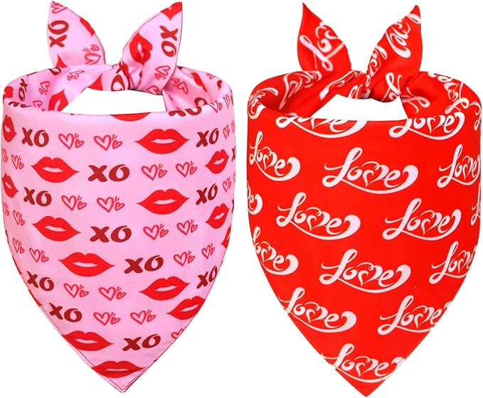 Valentine’s Day Dog Bandanas 2-Pack for Large to X-Large Dogs - Reversible Hearts, Lips & XO Scarf, Pink & Red Pet Accessories for Valentine Gift
