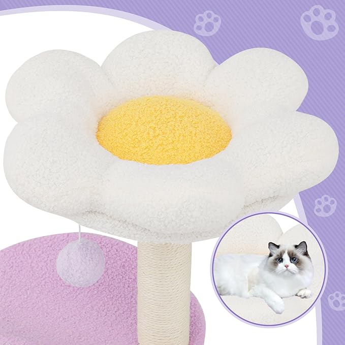 Magshion Flower Cat Tree for Indoor Cats, 33" Cute Cat Tower with Scratching Post, Condo, Top Flower Perch and Dangling Balls, Compact Cat Stand for Kittens, Purple