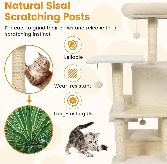 PETSITE Multi-Level Cat Tree, 58 Inches Tall with Sisal Scratching Posts, Condo, Hammock, Dangling Balls, Jumping Platforms, and Cozy Top Perch, Ideal for Indoor Cats to Play and Rest (Beige)