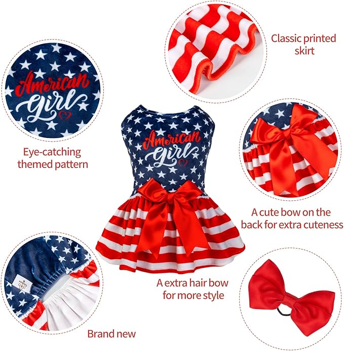 CuteBone Dog Dresses Velvet 4th of July Small Dogs Clothes Onesie Pet Apparel Girl Puppy Skirt with Bow Hair Rope CVA39XXS-D