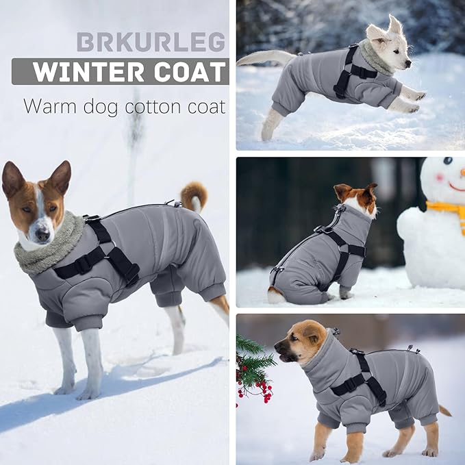BRKURLEG Grey Dog Winter Coat, Cozy Winter Dog Jackets, Small Dogs Coat with Harness, Onesie Body Warm Puppy Jacket, Pet Reflective Windproof Cold Weather Jackets, Puppy Four-Legged Puffer Coats, L