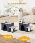 3-in-1 Pet Stairs for Cats, Dog Steps for Small Doggie Rabbits, 6.29''Depth Cat Stairs, Indoor Cat Ladders for High Bed for Pet's Joints, 1 Cat Condo Cave, Sisal Scratcher, Grey, Medium