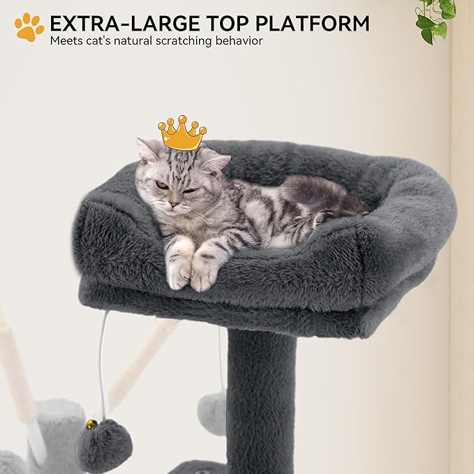 YITAHOME 44in Multi-Level Cat Tree for Indoor Kittens, Cat Furniture with Scratch Posts, Window Padded Plush Perch, Comfortable Hammock, and Interactive Pompoms, Dark Gray