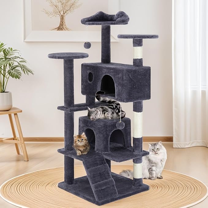 54'' Tall Cat Tree,Cat Climbing Tower with Removable Ball,Cat Tower with Scratching Post,Climbing Plate,Cute Cat Ear Design for Small, Medium Cats,Anti-Tilt Device (Dark Blue)
