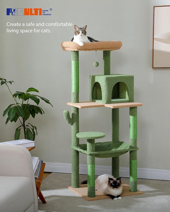 PEQULTI Cat Tree for Large Cats with Metal Frame Big Hammock, Cat Tower for Indoor Cats with 2 Door Condo House, [56.3"=143cm] Multi-Level Cat Shelves with Scratching Posts and Top Perch, Cactus Green