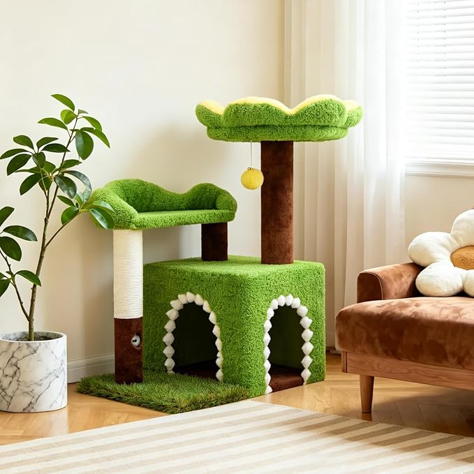 Flower Cat Tree with Cat Condo for Indoor Cats, 29" Cat Tower with Sisal Scratching Post and Top Perch, 3-in-1 Multi-Level Cat Tower for Small Cats and Kittens