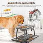 Raised Dog Bowl Stand for Large Dogs, 10” Tall Elevated Feeder with Spill-Proof Mat, Stainless Steel 58OZ Bowls for Food & Water, Gray Color (Mat Size: 16x24”)