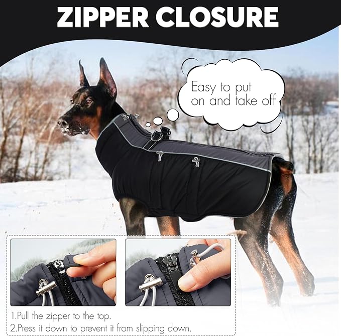 IDOMIK Warm Dog Coat with Harness, Waterproof Reflective Dog Jackets for Small Medium Large Dogs, Fleece High Collar Winter Jacket with Zipper, Pet Winter Snowsuit Clothes for Cold Weather,Black S
