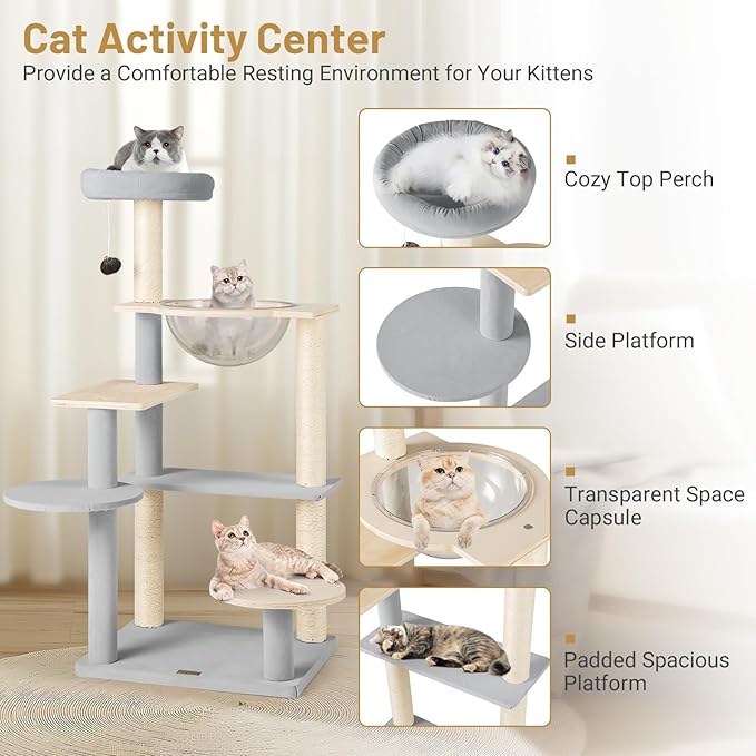 PETSITE 44 Inch Modern Cat Tree, Multi-Level Cat Tower with Sisal Scratching Posts, Space Capsule, and Dangling Toy with Bell, Wooden Cat Tree Tower for Indoor Cats, Grey