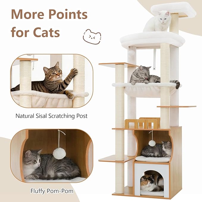 Cat Tree, 70.9 Inch Wood Cat Tower for Large Cats Adult, Modern Cat Furniture with Double-Layer Wooden Cat Condo, 2 Platforms, Large Hammock and Scratching Posts, Walnut GCT102WB