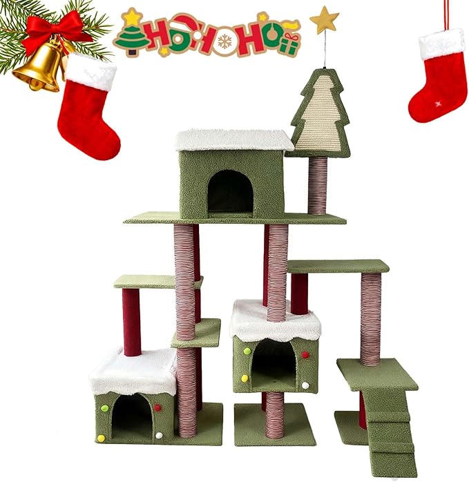 Christmas Cat Tree, 74" Tall Multi-Level Cat Proof Tower with Cat Condos, Top Perches, Sisal Scratching Posts and Board, Kittens Play Activity Center for Indoor Cats, Red/Green (74")