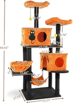 61" Halloween Cat Tree for Large Cats, Spooky Themed Cat Tower with 2 Condos, 2 Padded Perches, 2 Cozy Hammocks & Scratching Posts, Multi-Level Playhouse with Hanging Toy, Black & Orange