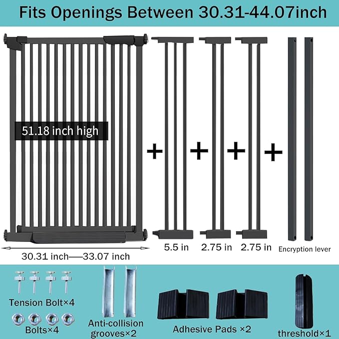 51.18 Inch Extra Tall Pet Gate, 29.5-43" Adjustable Wide Auto Close Dog Gates, Pressure Mounted Walk Through Tall Cat Gate for Doorways,Hallway,Stairs（Black）