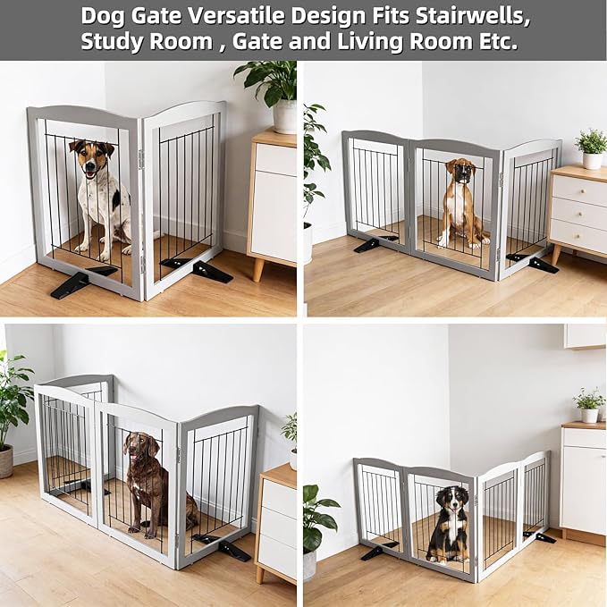Dog Fence Indoor,Dog Gate Indoor for Doorway pet gate -2-Panel Freestanding, Hallways, House or Stairs -40x32-Inch Retractable Foldable Expandable Wood Pet by SFJC (Grey) ﻿