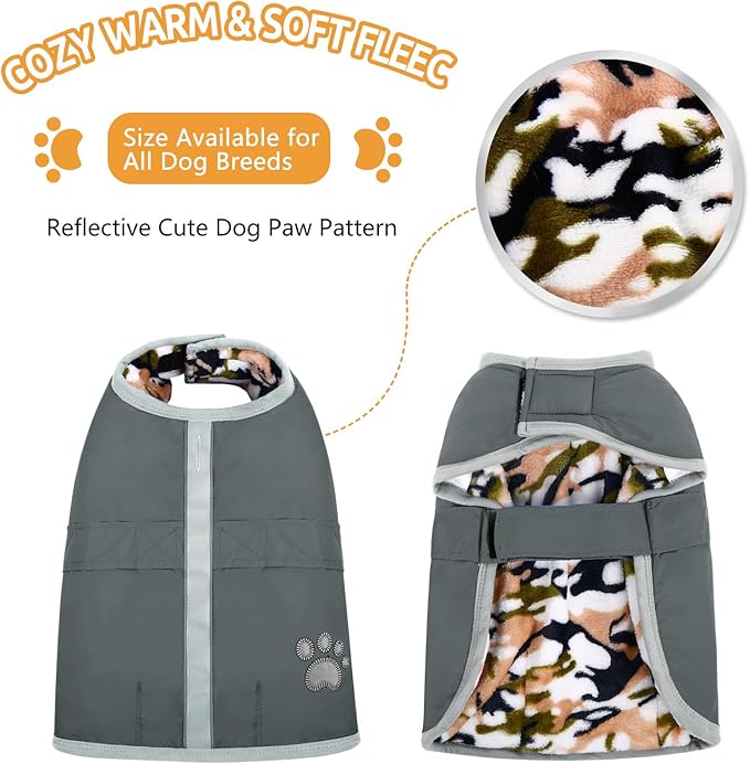 Queenmore Dog Winter Coat, Cold Weather Fleece Jacket for Dogs, Waterproof Reflective Reversible, for Small, Medium and Large Dogs (Grey, S)