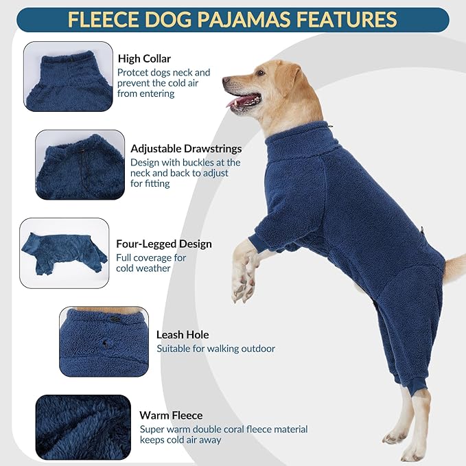 ROZKITCH Warm Dog Pajamas for Large Dogs, Windproof Full Coverage Pet Pjs, Soft Fleece Jacket with Full Coverage, Pullover Winter Coat with Super Warm Jump Suit Blue XXL
