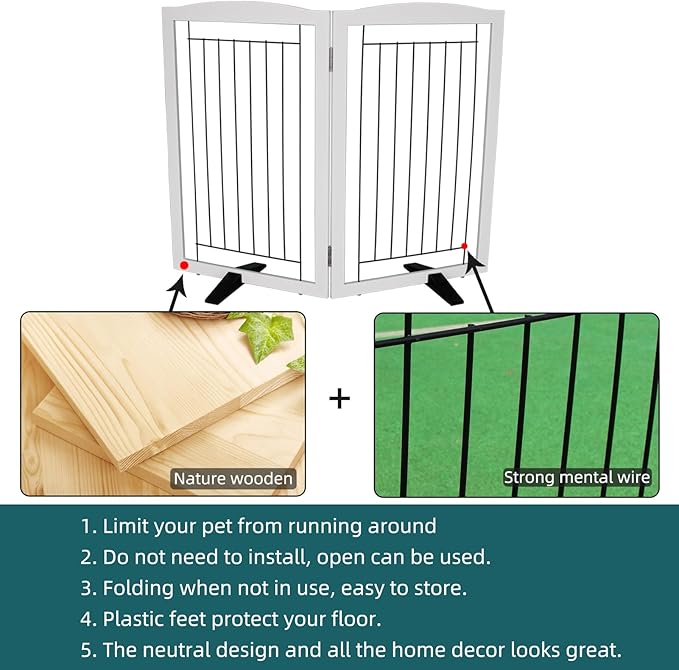 Dog Fence Indoor,Dog Gate Indoor for Doorway pet gate -2-Panel Freestanding, Hallways, House or Stairs -40x32-Inch Retractable Foldable Expandable Wood Pet by SFJC (White) ﻿