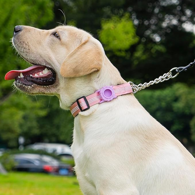 Cymiler Martingale Dog Collar with AirTag Holder, Reflective Nylon Training Collar, Stainless Steel Chain, Heavy Duty Buckle, Limited Slip Collars for Small Medium Large Dogs (Pink, X-Large)