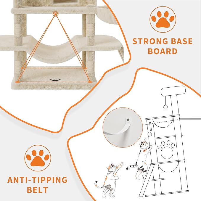 68.5 in Multi-Level Cat Tree for Indoor Cats Large Adult Heavy Duty Cat Tower for Large Cats with 2 Condos/Plush Perches/Sisal Scratching Posts/Hammocks/Basket/Dangling Balls, #2604 Beige