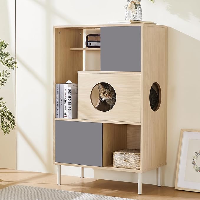 2 in 1 Modern Cat Tree Bookshelf with Storage, Wood Bookcase with Litter Box Enclosure, Cat Climbing Shelves with Hidden Storage, Natural+Grey
