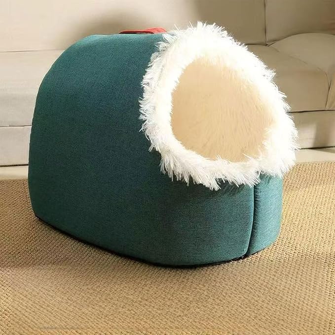 Cat Cave Bed——Soft and Cozy Pet Hideaway for Kittens and Puppies, Cat Bed Cave Perfect for Small Pets, Cave Cat Bed for Comfort and Warmth, Ideal for Snuggling and Resting.(Christmas Green+White)
