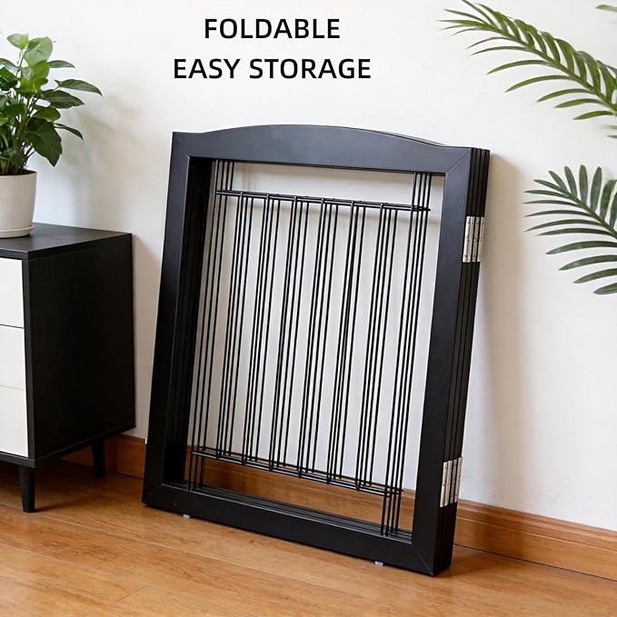 ZJSF Freestanding Foldable Dog Gate for House Extra Wide Wooden Black Indoor Puppy Gate Stairs Dog Gates Doorways Tall Pet Gate 4 Panels Fence