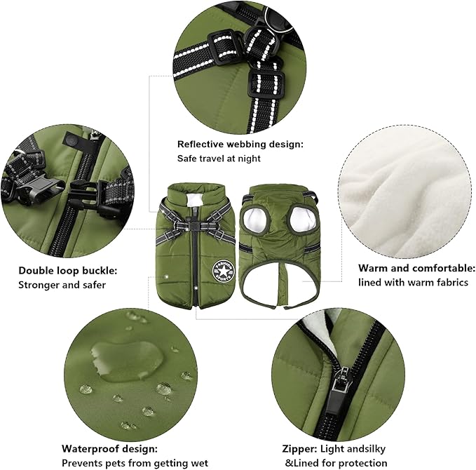 Aiboria Dog Jackets for Winter Windproof Waterproof 2 in 1 Outfit Cold Weather Coat Dog Vest Harness Puppy Winter Warm Jacket Green XXL