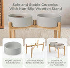 SPUNKYJUNKY Elevated Dog Bowls Ceramic, 8.3'' Dogs Food Water Bowls Raised with Non-Slip Bamboo Stand for Large Sized Breed Microwave Dishwasher Safe - 60 OZ,Grey