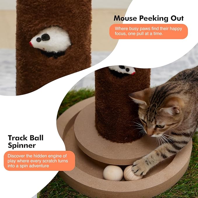 Small Cat Tree with Scratching Post and Ball Track, Green Cat Tower with Lifelike Leaves for Kittens and Small Cats, 2-Door Cat Condo and Interactive Cat Toys for Indoor Cats