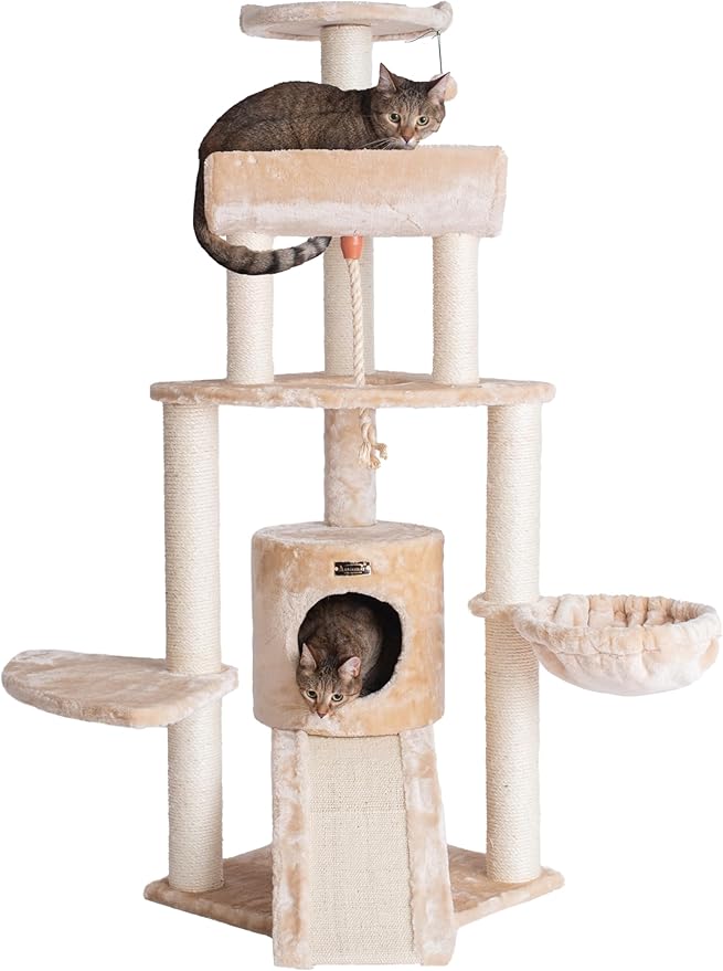 Armarkat Beige Cat Tower 58 Inches with Basket Lounge, Ramp, Condo, Thick Sisal Rope, Real Pressed Wood Base, Faux Fur Covering for Indoor Cats