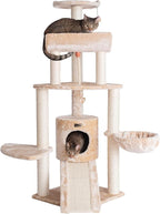 Armarkat Beige Cat Tower 58 Inches with Basket Lounge, Ramp, Condo, Thick Sisal Rope, Real Pressed Wood Base, Faux Fur Covering for Indoor Cats