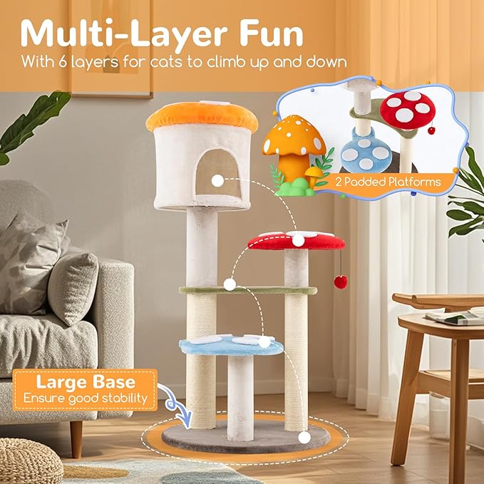 Tangkula Mushroom Cat Tree, 48 Inch Cute Cat Tower with Sisal Scratching Posts, Top Condo, Padded Platforms, Dangling Ball, Multi-Level Modern Cat Furniture, Activity Center for Indoor Cats