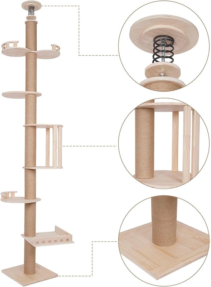 Cat Trees Tower for Indoor 5Tier Cats Scratching Post Adjustable Height Shelves Multifunctional Kitten Furniture Floor-to-Ceiling Wooden Climbing Sisal Rope Scratcher 100.4-104.3In Home Pet Shop