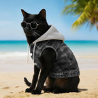 Cool Dog Jean Jacket Vest with D-Ring Black Denim Dogs Hoodies Outfits for Small Medium Dogs Cats Boy Male Dog Clothes Costume Dogggie Puppy Harness Coat for Frenchie Walking(Grey Hat,M)