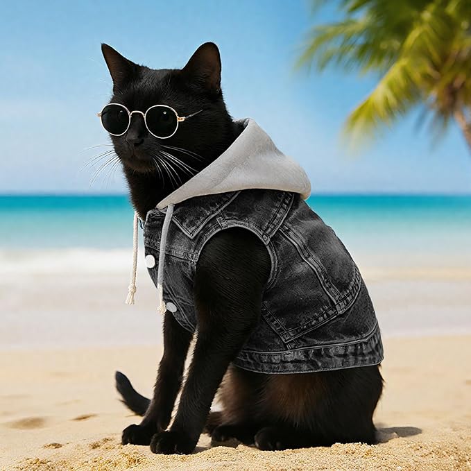 Cool Dog Jean Jacket Vest with D-Ring Black Denim Dogs Hoodies Outfits for Small Medium Dogs Cats Boy Male Dog Clothes Costume Dogggie Puppy Harness Coat for Frenchie Walking(Grey Hat,M)