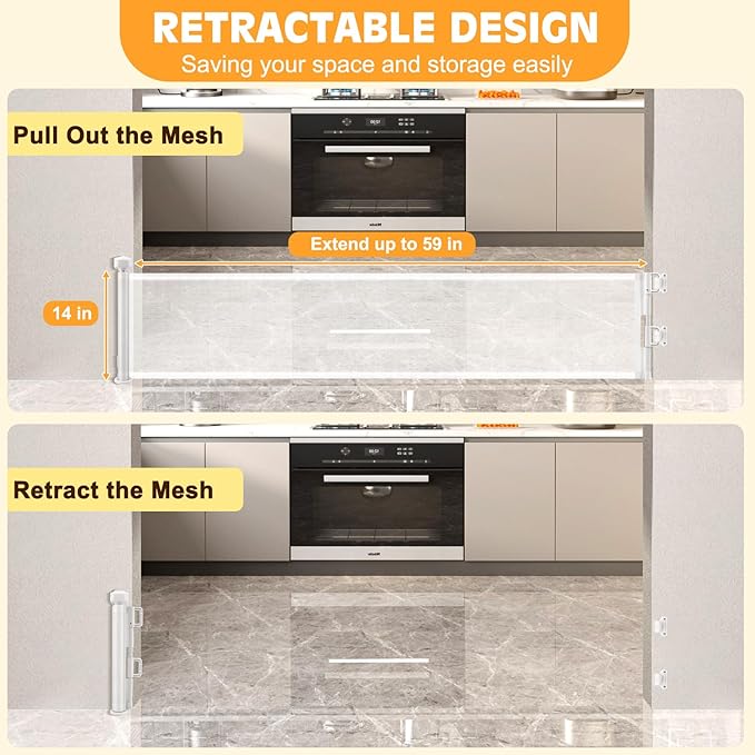 2 Packs Retractable Short Dog Gate - Small Puppy Mesh Safety Pet Gates Doggy Door for Doorways Stairs Kitchen Hallways Indoor, 14" Tall, Extends up to 59" Wide, White