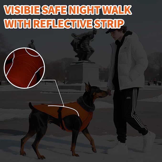 DENTRUN Winter Warm Dog Coat Reflective Jacket with Turtleneck for Cold Weather, Adjustable Buckle Windproof Water Repellent, Thick Snowsuit Fleece Vest for Small, Medium, Large Dogs, Orange, XXL