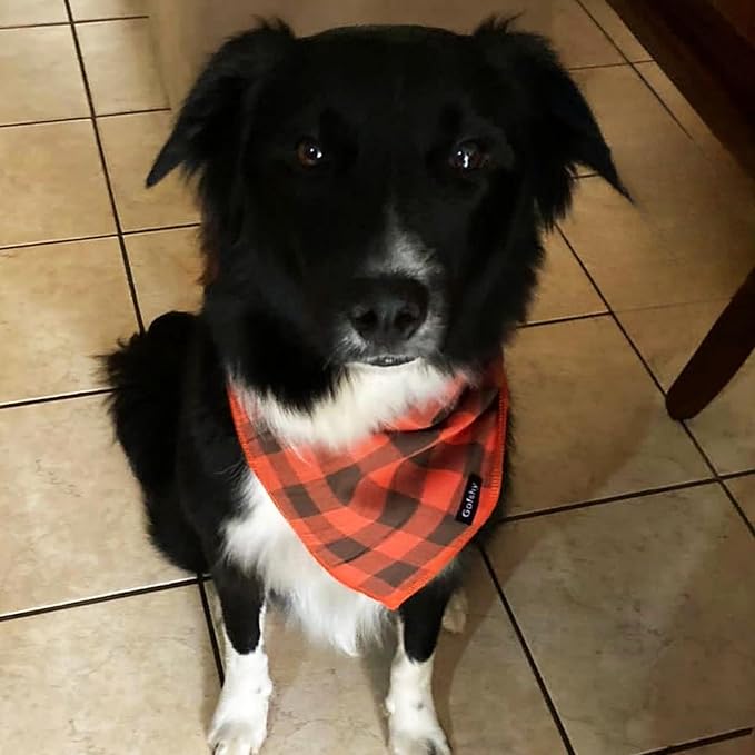 Dog Bandana Fall Large-Orange Brown Dog Scarf Buffalo Plaid Printing Adjustable Bib Handkerchief Accessories for Medium Large Dogs (L)