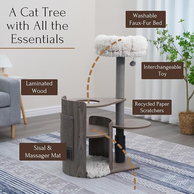 PetPals Modern Design Cat Tower, Wooden Cat Tree with Recycled Paper Rope Scratching Posts, Sisal Mat, Soothing Self Grooming Massager, Removeable Bed (Taupe)