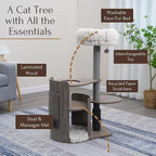 PetPals Modern Design Cat Tower, Wooden Cat Tree with Recycled Paper Rope Scratching Posts, Sisal Mat, Soothing Self Grooming Massager, Removeable Bed (Taupe)