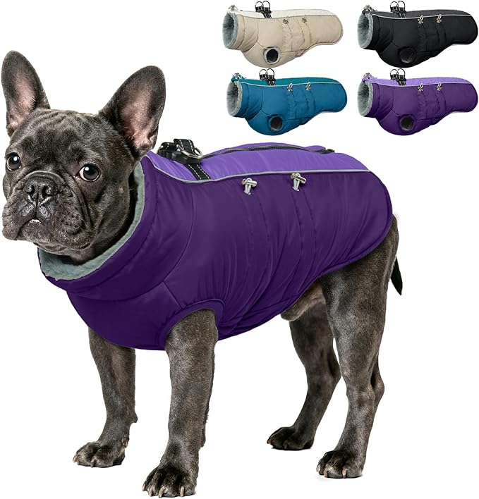 IDOMIK Warm Dog Coat with Harness, Waterproof Reflective Dog Jackets for Small Medium Large Dogs, Fleece High Collar Winter Jacket with Zipper, Pet Winter Snowsuit Clothes for Cold Weather,Purple L