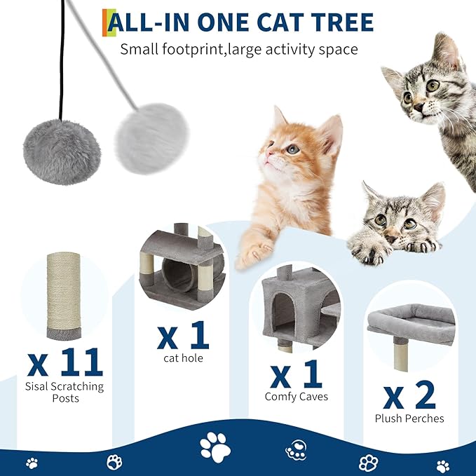 74" Tall Cat Tree,Large Cat Tree for Big Cats,Cat Tower with Scratching Posts, Condo, Perches, Hammock, Tunnel & Feeding Station,Deep Gray