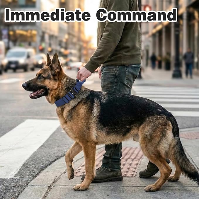 Joytale Tactical Dog Collar for Large Dogs with Control Handle, Heavy Duty Military Training Collar for Power Breeds, AirTag Holder Case, Quick Release Metal Buckle, Soft Padded, L, Navy Blue