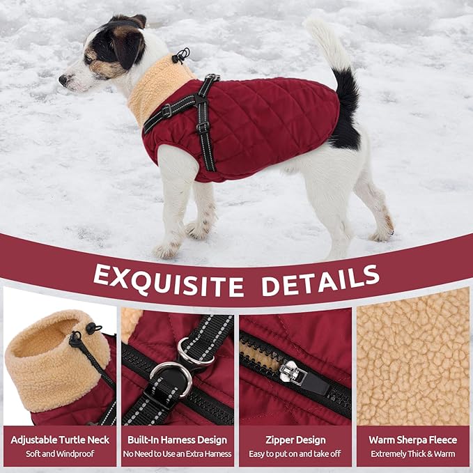 Queenmore Dog Jacket, Dog Coats for Large Dogs, Large Pet Coat with Harness Built in, Thick Fleece Snow Jacket for Extra Large Breeds, Waterproof Windproof Pet Apparel Cold Weather, Burgundy 3XL