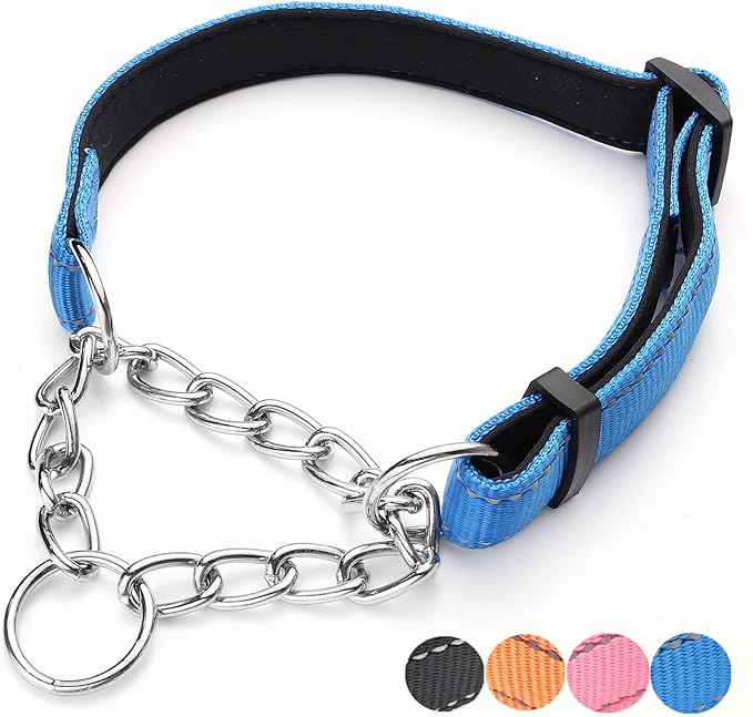 Martingale Dog Collar Wide 2.5CM(0.98inch) Reflective Nylon with Stainless Steel Chain Dog Collar Comfortable Soft M-(doginchs neck15-19inches)