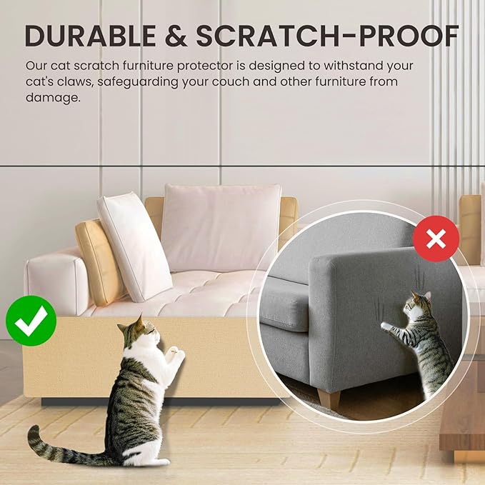 2 Pack Total 12 X 78 Inch Cat Scratch Mat for Cat Couch Furniture and Wall Protector | Trimmable Self-Adhesive Carpet Sisal Cat Scratcher Mat (Beige)