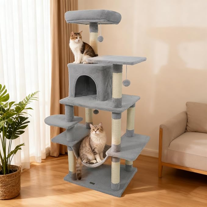 DORTALA Cat Tree for Indoor Cats, 58" Tall Cat Tower with Top Perch, Condo, Hammock, Sisal Scratching Posts, 3 Dangling Balls, Platforms, Multi-Level Pet Climbing Furniture Playground (Light Grey)